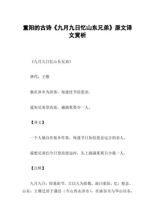 九月九曰忆山东兄弟意思及原文,九月九日忆山东兄弟整首诗是什么意思